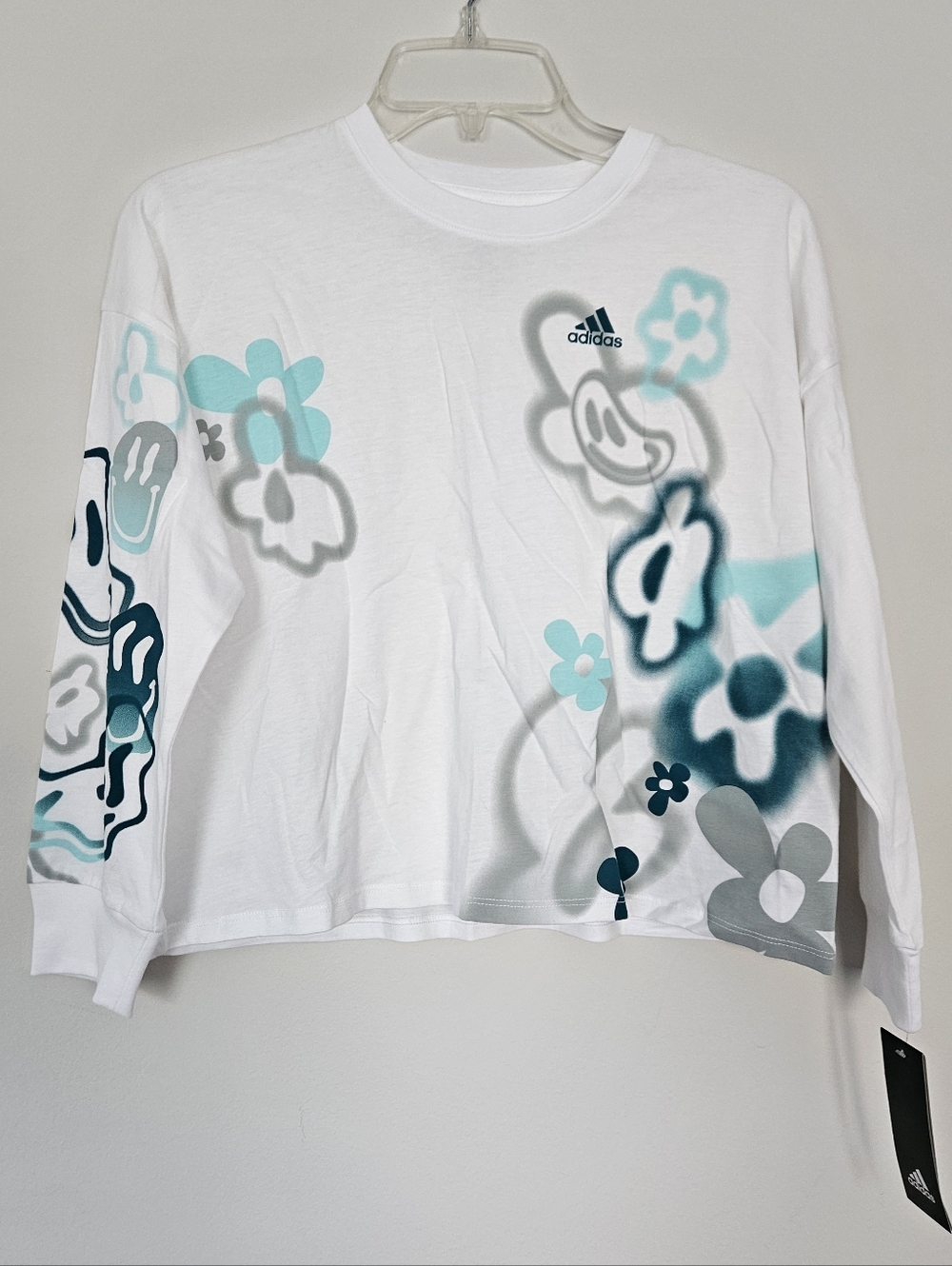 adidas White Long-Sleeve Tee Smiley Face and Floral Graphics Girls Medium